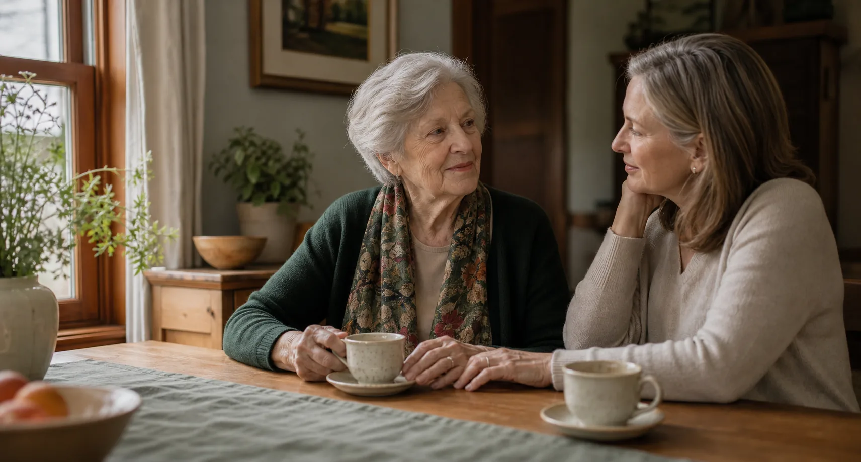 An older mother and her adult daughter sharing tea and conversation at home